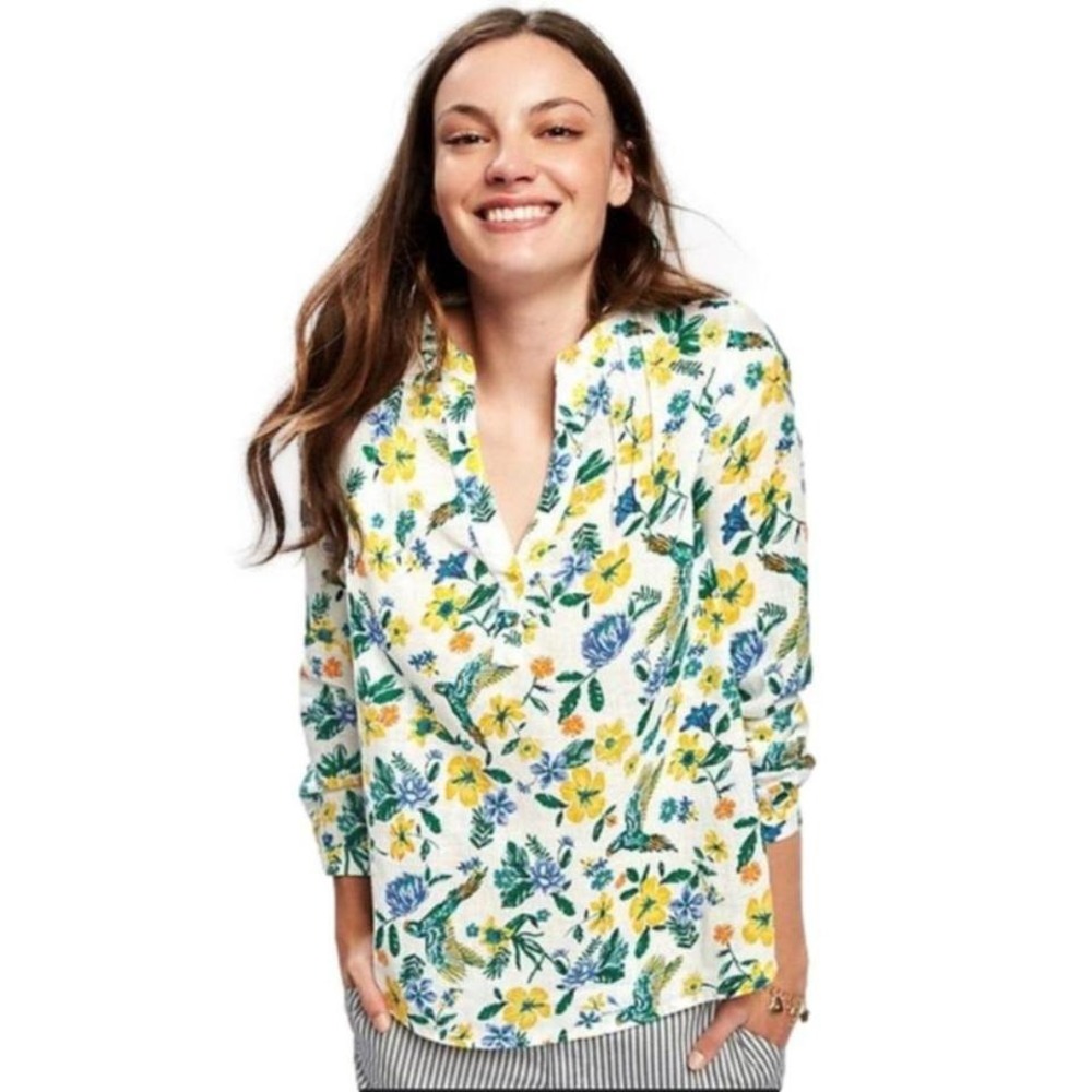 Old Navy Women's Floral Birds Printed Linen-Blend Tunic Blouse Size Large NWOT